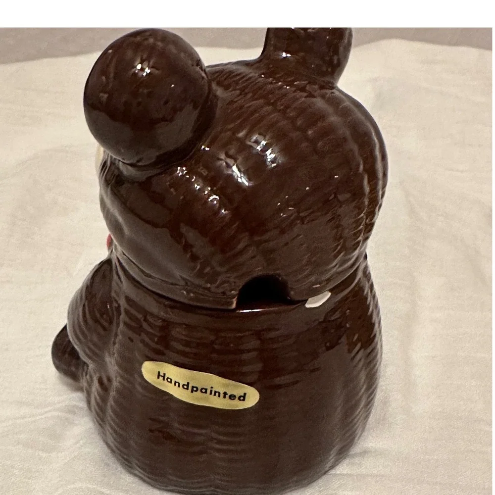 Vintage Otagiri Teddy Bear Ceramic Honey Jam Pot Pair W Tan Weave Japan &Taiwan‎